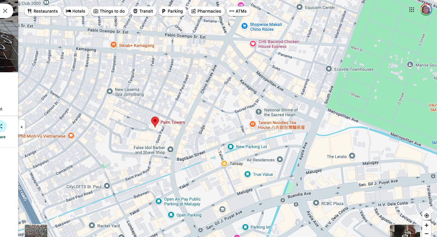 Google Maps vicinity view showing Palm Towers near Chino Roces Avenue and Sen. Gil Puyat Avenue in Makati